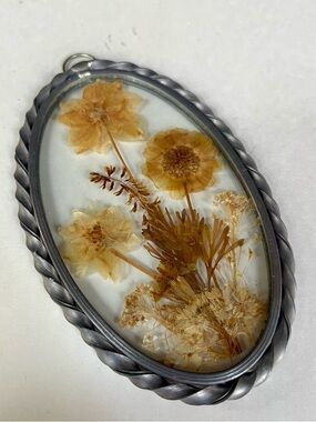 Dried Pressed Flowers Sun Catcher Hand Crafted Oval Pewter Frame Boho Bohemian